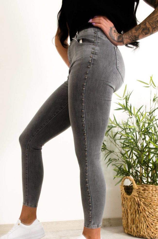 SZARE SPODNIE JEANSOWE Z DŻETAMI - WYSOKI STAN