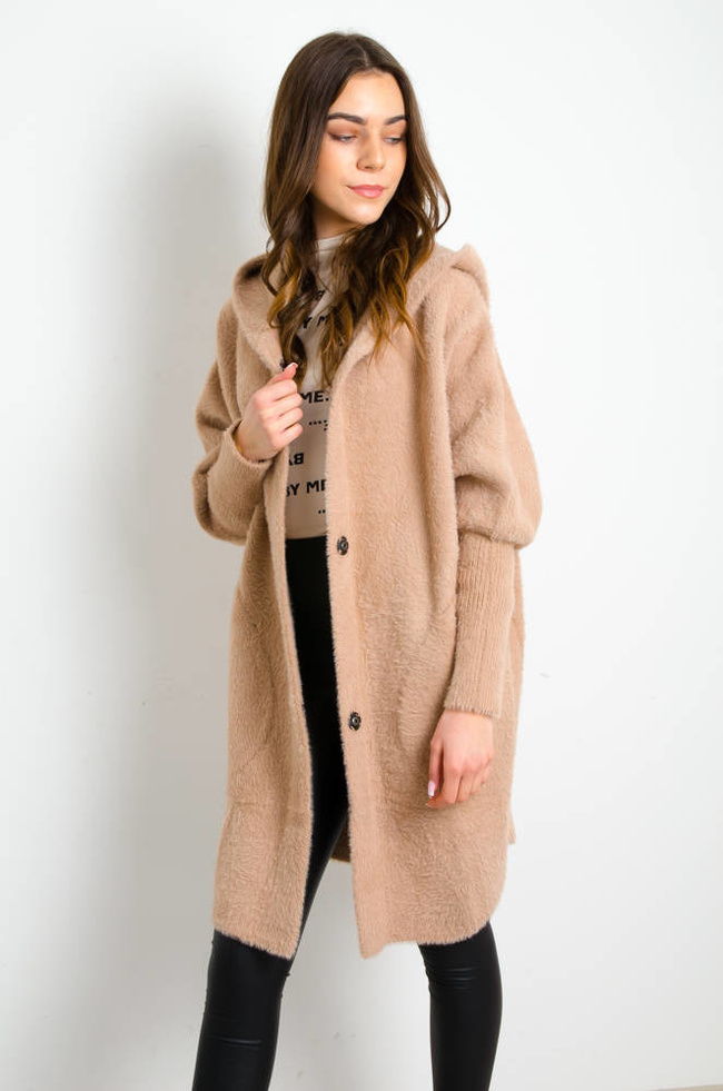 PŁASZCZ DŁUGI WEŁNIANY ALPAKA Z KAPTUREM- BRĄZOWY