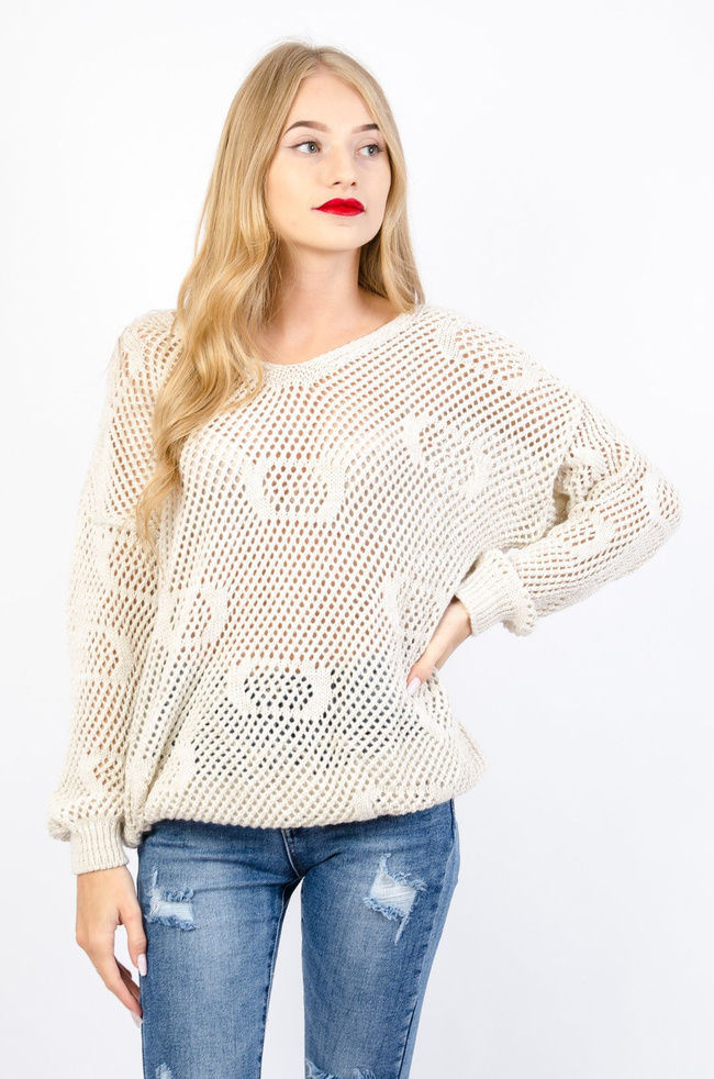 AŻUROWY SWETER W KOLORZE BEŻOWYM Z KAPTUREM