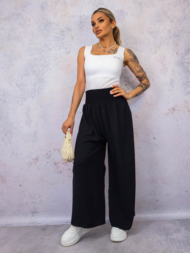 SPODNIE MATERIAŁOWE Z SZEROKIMI NOGAWKAMI I GUMĄ W PASIE- CZARNE