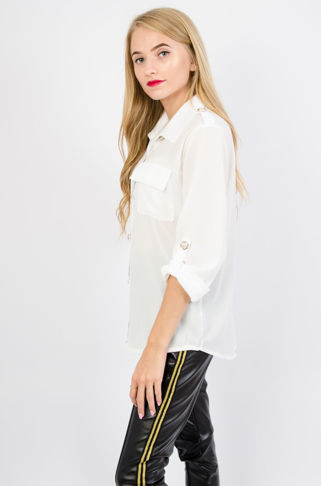 Biała bluzka koszulowa ze złotymi guzikami