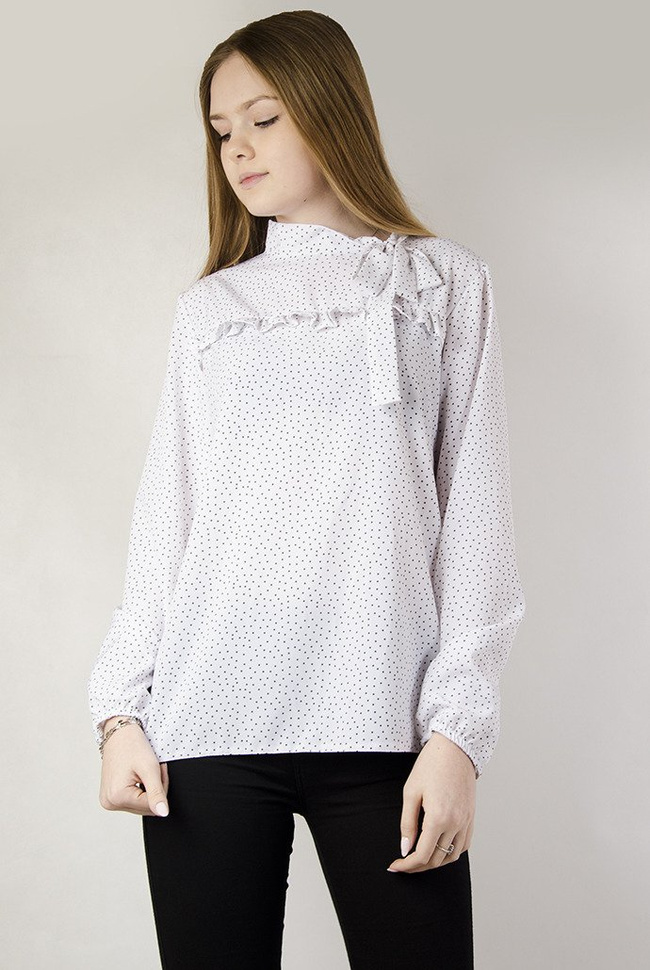 Biała bluzka koszulowa w szare kropki z wiązaniem w dekolcie