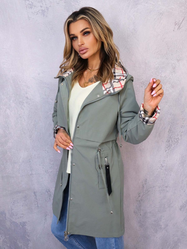 KURTKA PARKA Z KAPTUREM W KRATĘ- ZIELONA