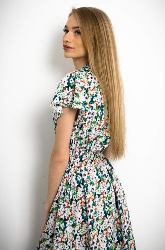 ZIELONA KWIECISTA SUKIENKA Z FALBANKĄ W RĘKAWACH