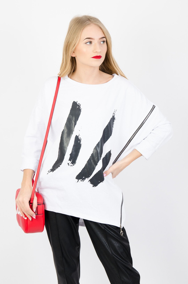 BIAŁA DZIANINOWA BLUZKA Z ZAMKIEM 