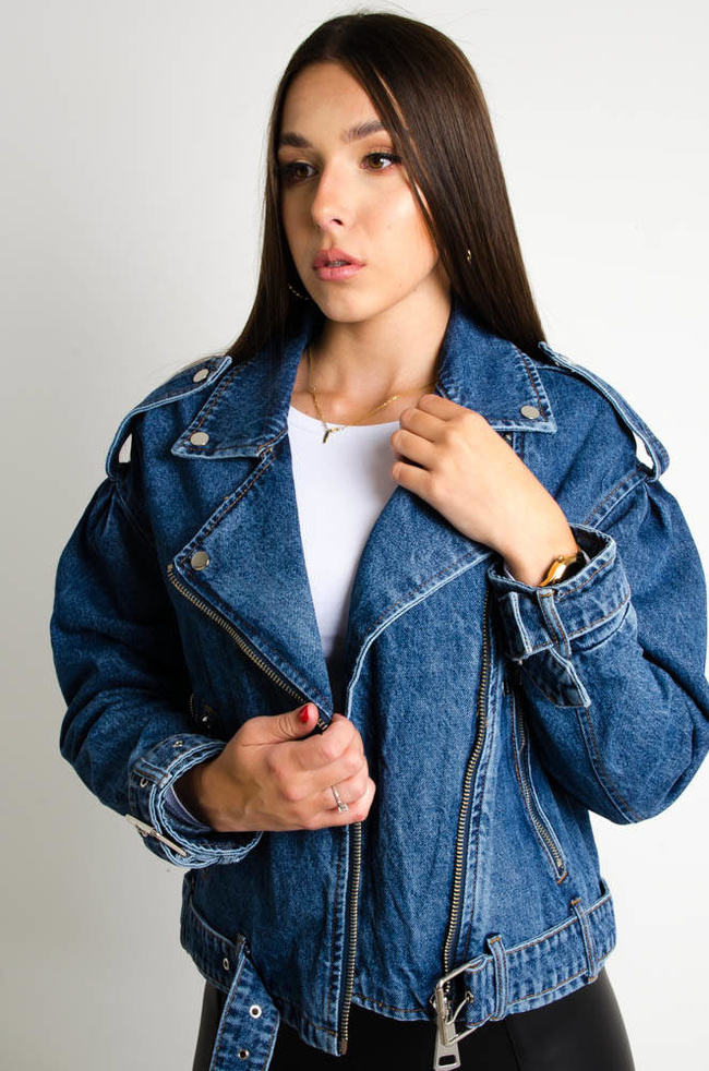 JEANSOWA KURTKA BIKER W KOLORZE GRANATU