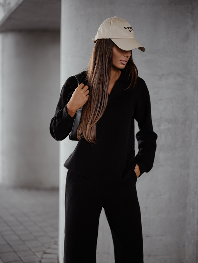 KOMPLET DZIANINOWY SWETERKOWA BLUZA+ SPODNIE- CZARNY