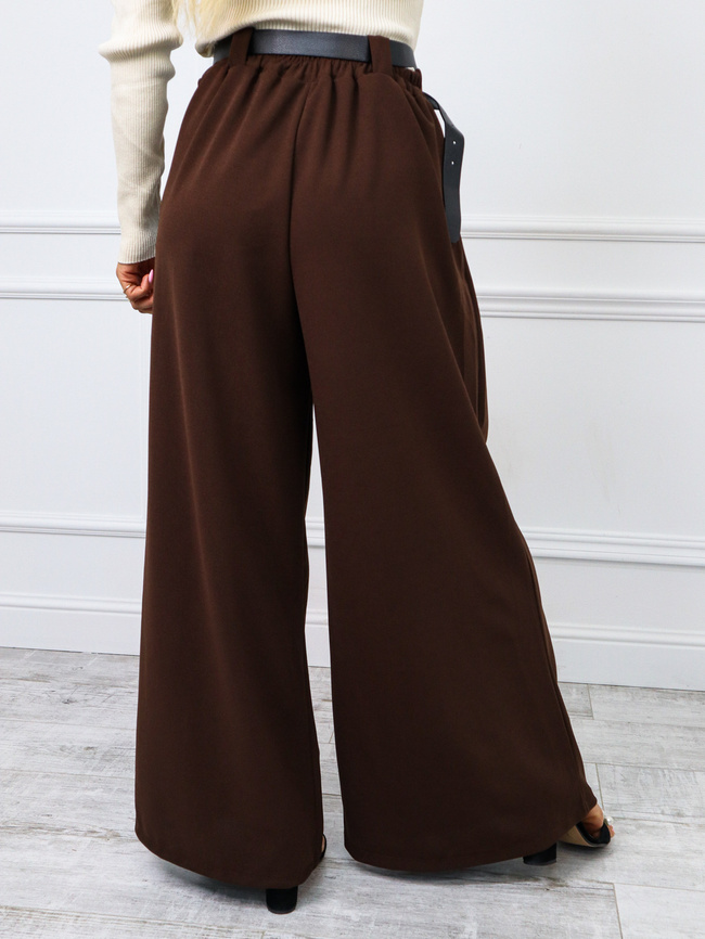 SPODNIE MATERIAŁOWE Z SZEROKIMI NOGAWKAMI+ PASEK- BRĄZOWE