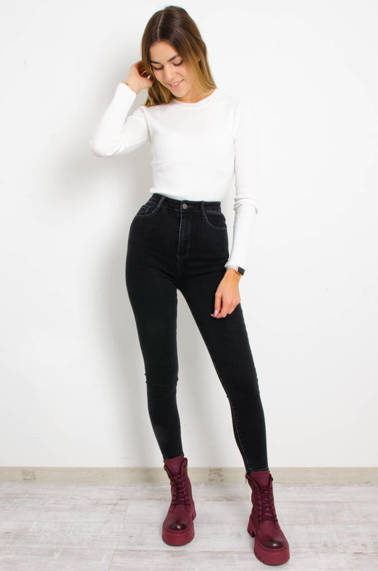 SPODNIE JEANSOWE SKINNY Z BARDZO WYSOKIM STANEM- CZARNE