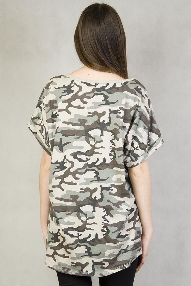 Militarna, beżowa, asymetryczna bluzka na krótki rękaw