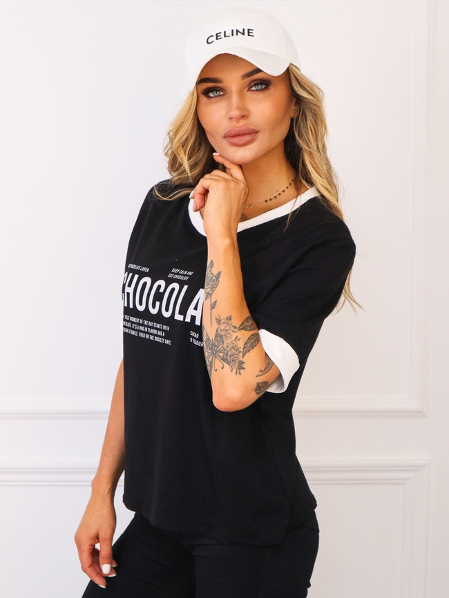 BLUZKA BAWEŁNIANA Z NAPISEM CHOCOLATE- CZARNA