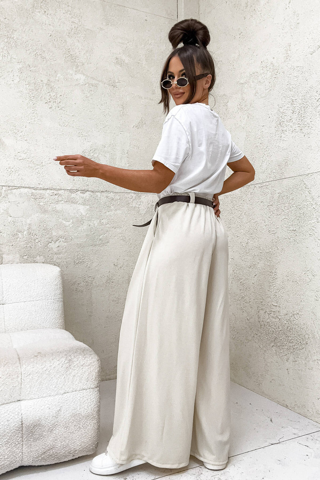 SZEROKIE SPODNIE ONESIZE Z WYSOKIM STANEM I PASKIEM- BEŻOWE