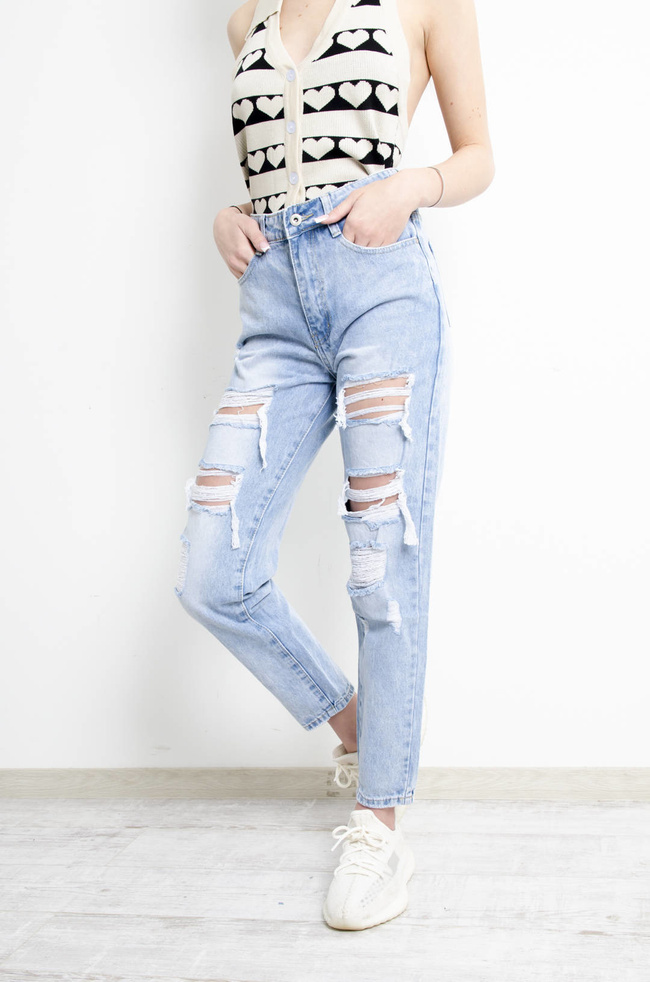 SPODNIE JEANSOWE MOM FIT Z DZIURAMI