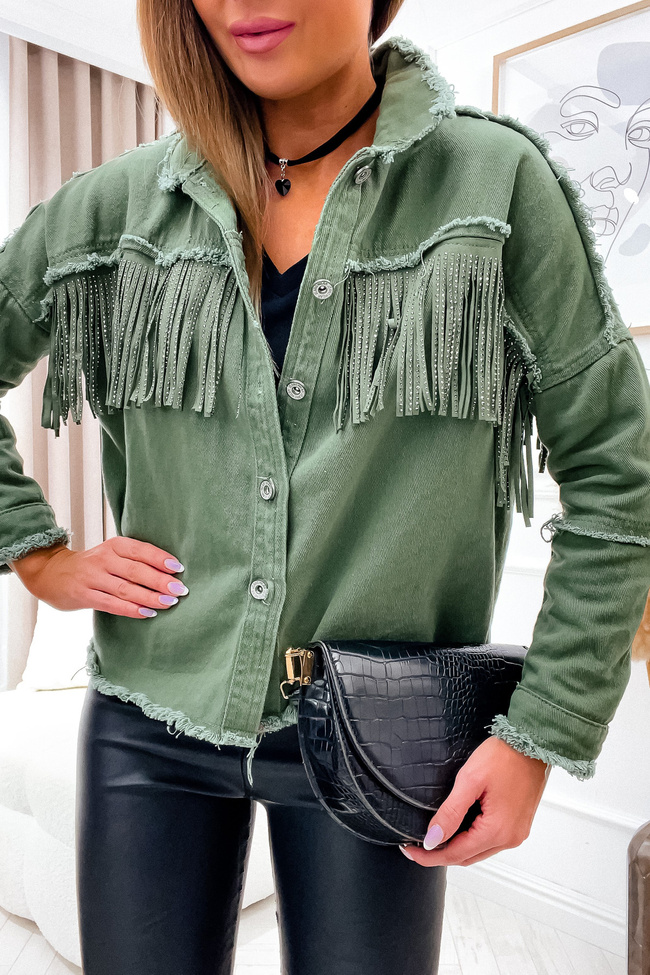ZIELONA KURTKA JEANSOWA Z FRĘDZLAMI