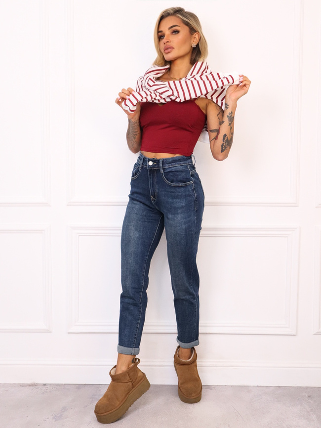 SPODNIE MOM FIT  Z OZDOBNYM PRZESZYCIEM NA KIESZENI-GRANATOWE