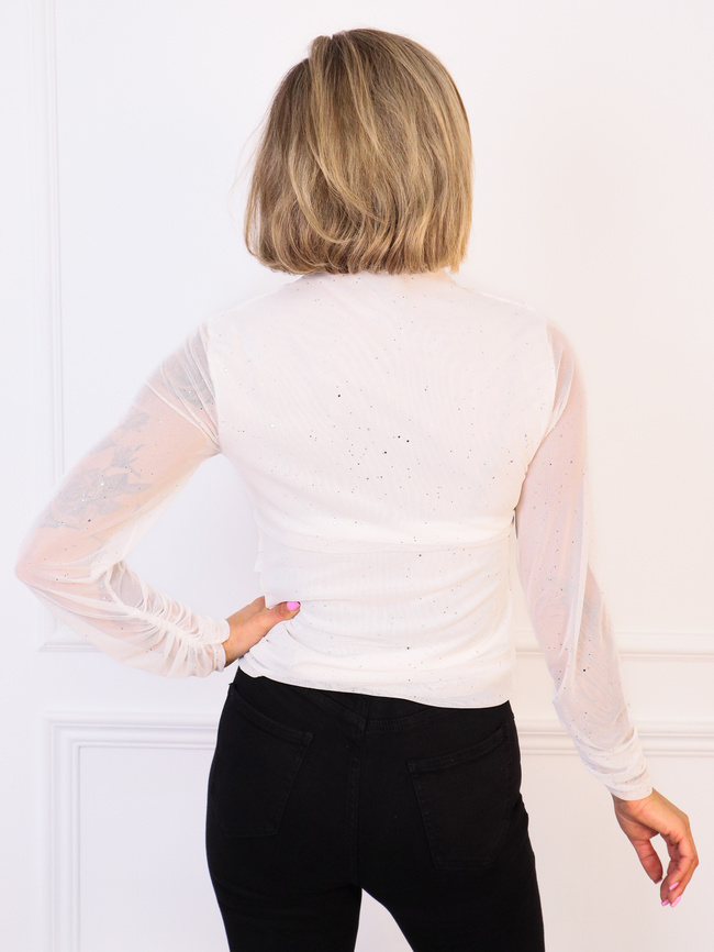 BLUZKA Z SIATECZKOWEGO MATERIAŁU I BŁYSZCZĄCYMI DROBINKAMI- BIAŁA