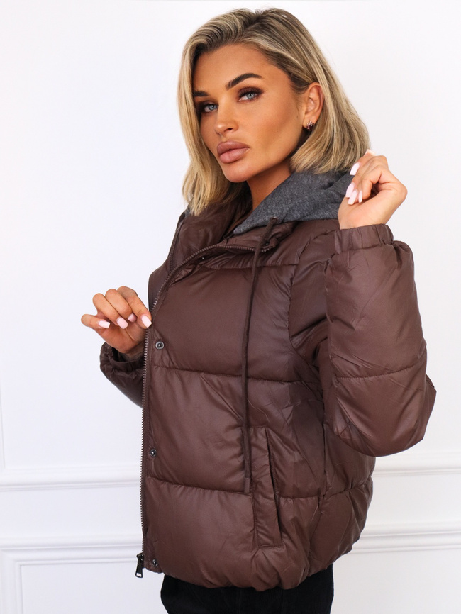 KURTKA ZAPINANA NA ZAMEK I ZATRZASKI Z BAWEŁNIANYM KAPTUREM- CZEKOLADOWA