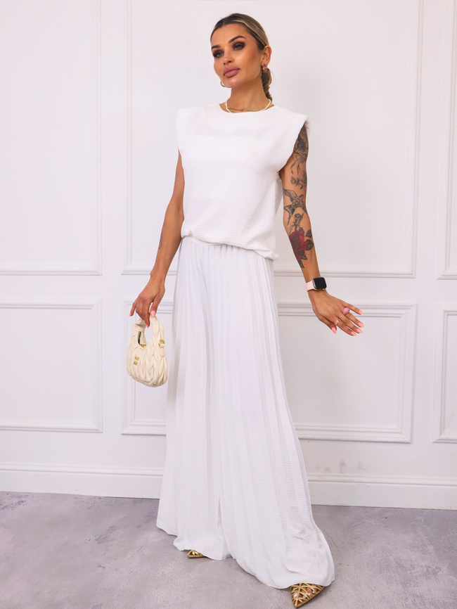 KOMPLET BLUZKA+ SZEROKIE PLISOWANE SPODNIE- BIAŁY