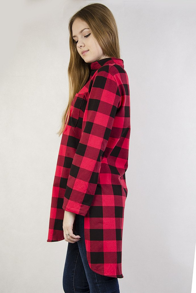 Długa asymetryczna koszula w czerwono-czarną kratę