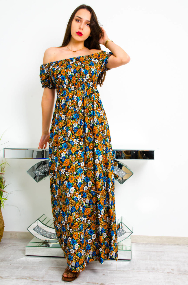 CZARNO-POMARAŃCZOWA DŁUGA SUKIENKA HISZPANKA W KWIATY