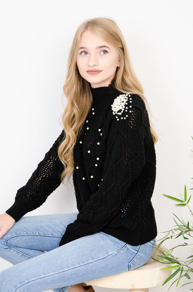 CZARNY SWETER PÓŁGOLF Z PEREŁKAMI
