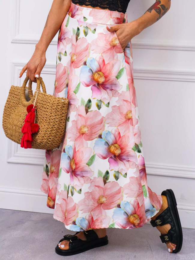 SPÓDNICA MIDI W KWIATY- RÓŻOWA