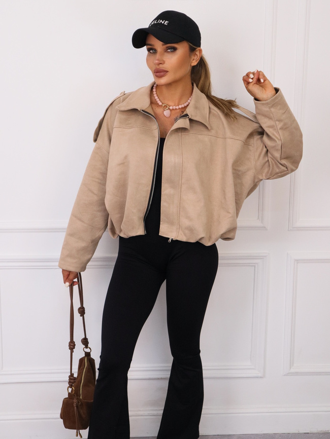 KURTKA OVERSIZE Z IMITACJI ZAMSZU ZAPINANA NA ZAMEK- BEŻOWA