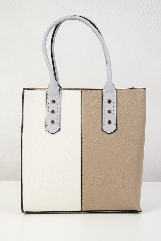 Brązowo kremowa torebka typu shopper z szarą rączką