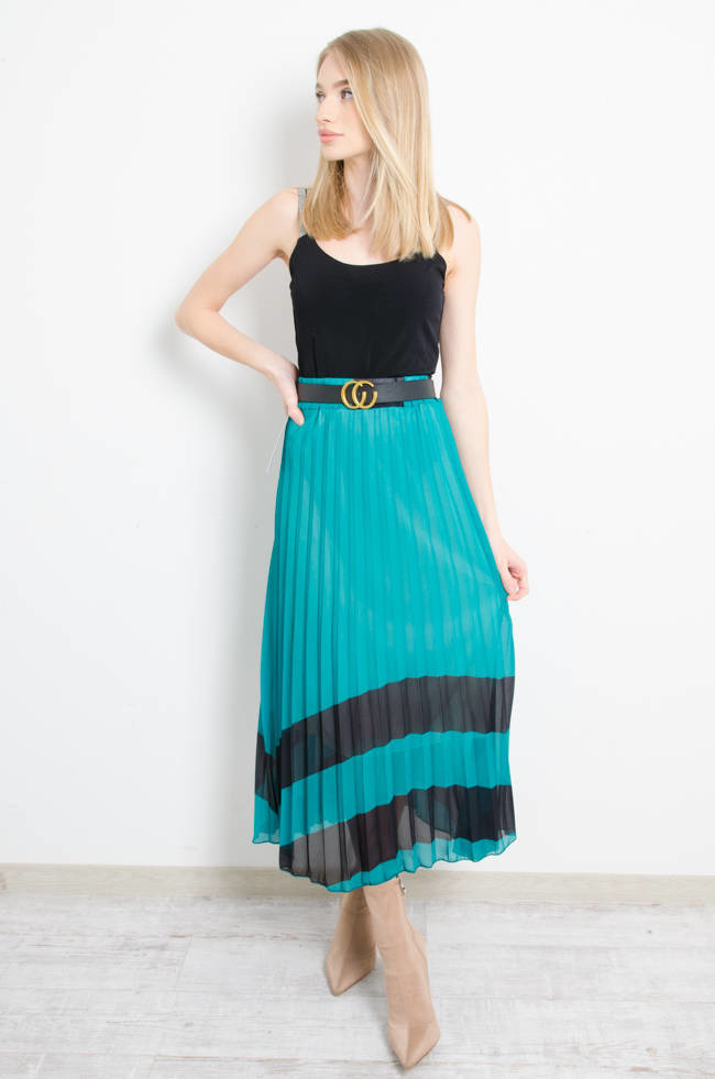 SPÓDNICA PLISOWANA  Z PASKIEM - ZIELONA