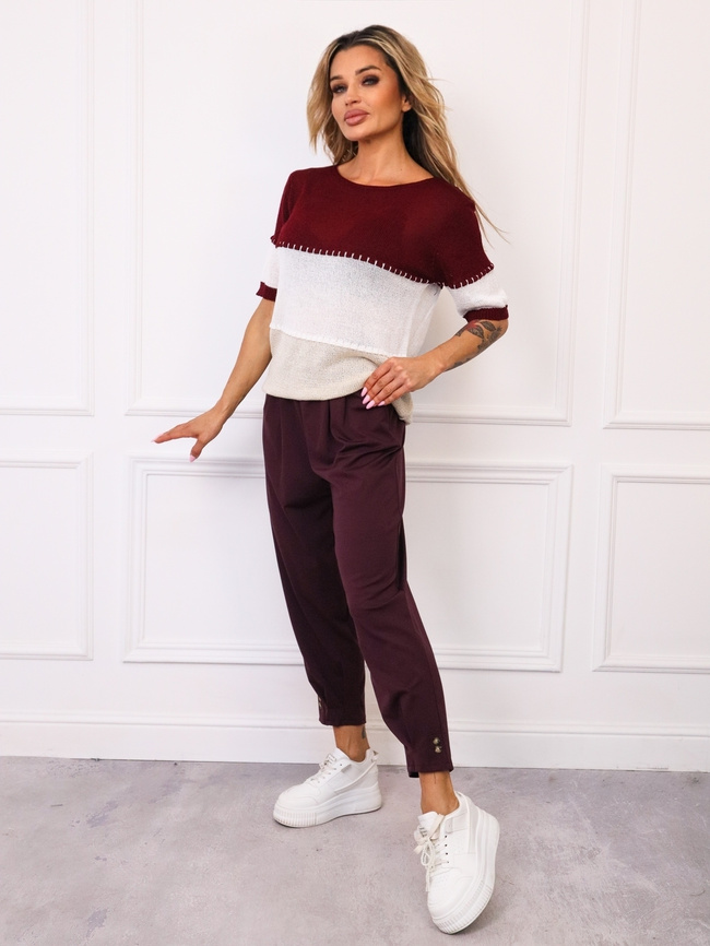 SWETER W PASKI Z KRÓTKIM RĘKAWEM- BORDOWY