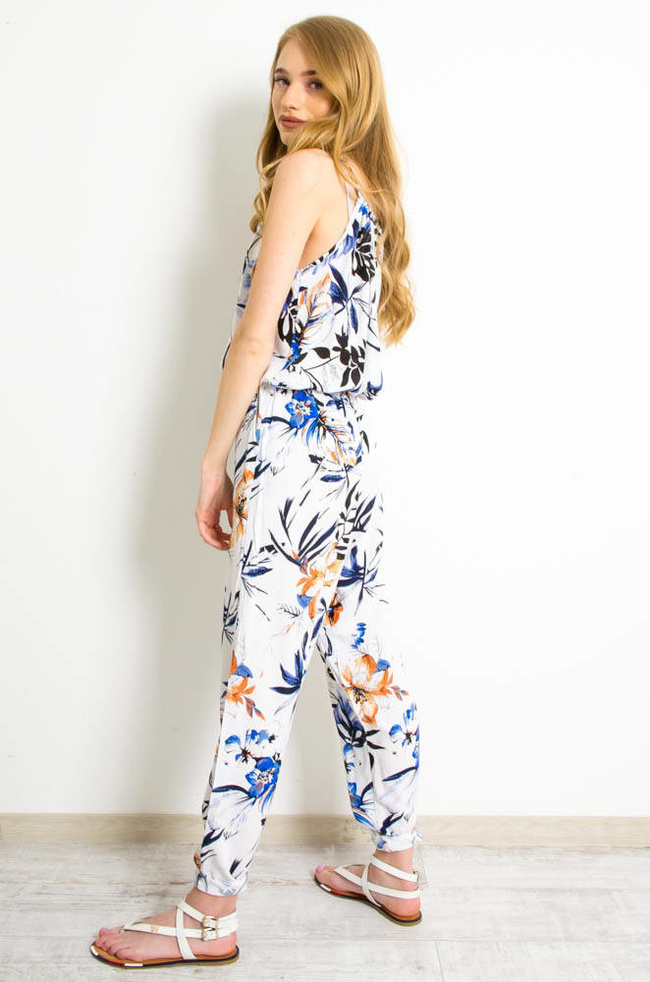 DŁUGI KOMBINEZON NA CIENKICH RAMIĄCZKACH W KWIATY - BIAŁY