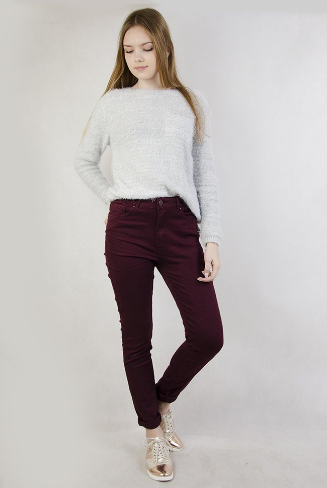 (Rozmiary L-4 XL) Bordowe przylegające spodnie z wysokim stanem