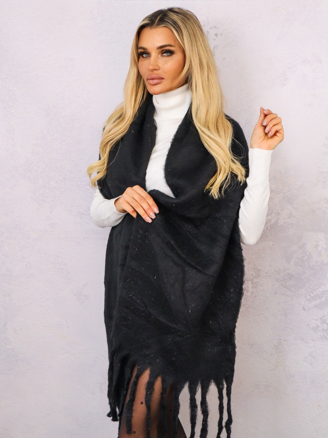 MIĘKKI ZIMOWOWY SZALIK Z FRĘDZLAMI- CZARNY