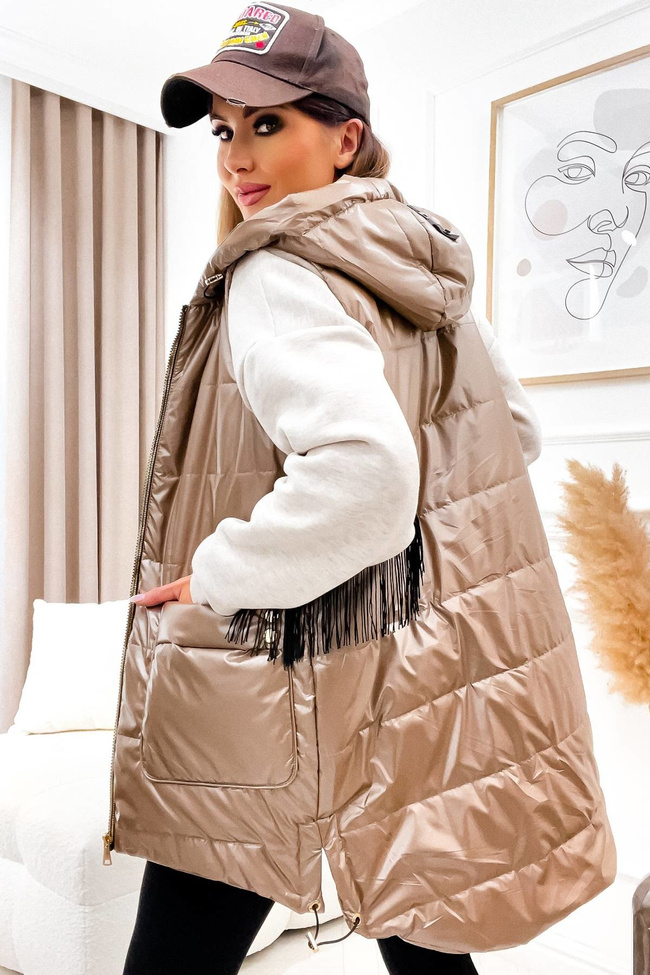 KAMIZELKA ASYMETRYCZNA ZE ZŁOTYMI DODATKAMI- BRĄZOWA