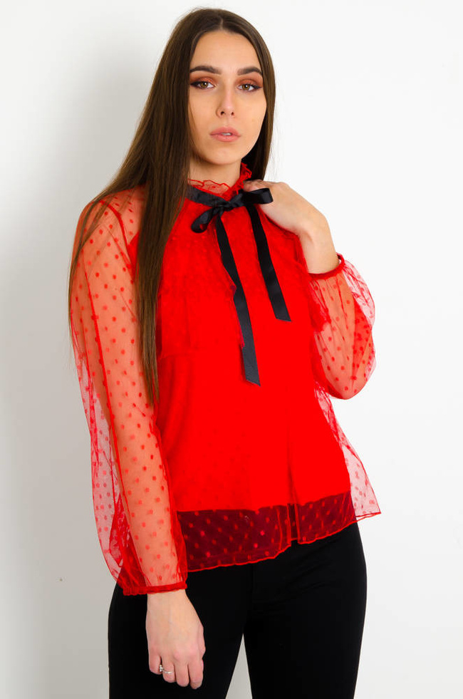 CZERWONA TIULOWA BLUZKA W KROPKI Z WIĄZANIEM 
