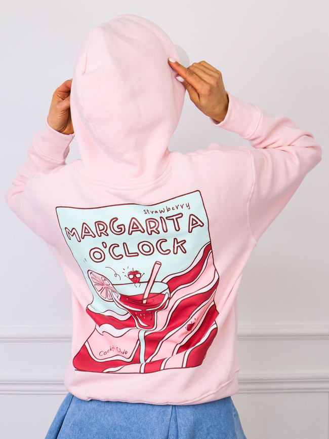 BLUZA Z KAPTUREM Z NAPISEM Z PRZODU I APIKACJĄ NA PLECACH- RÓŻOWA