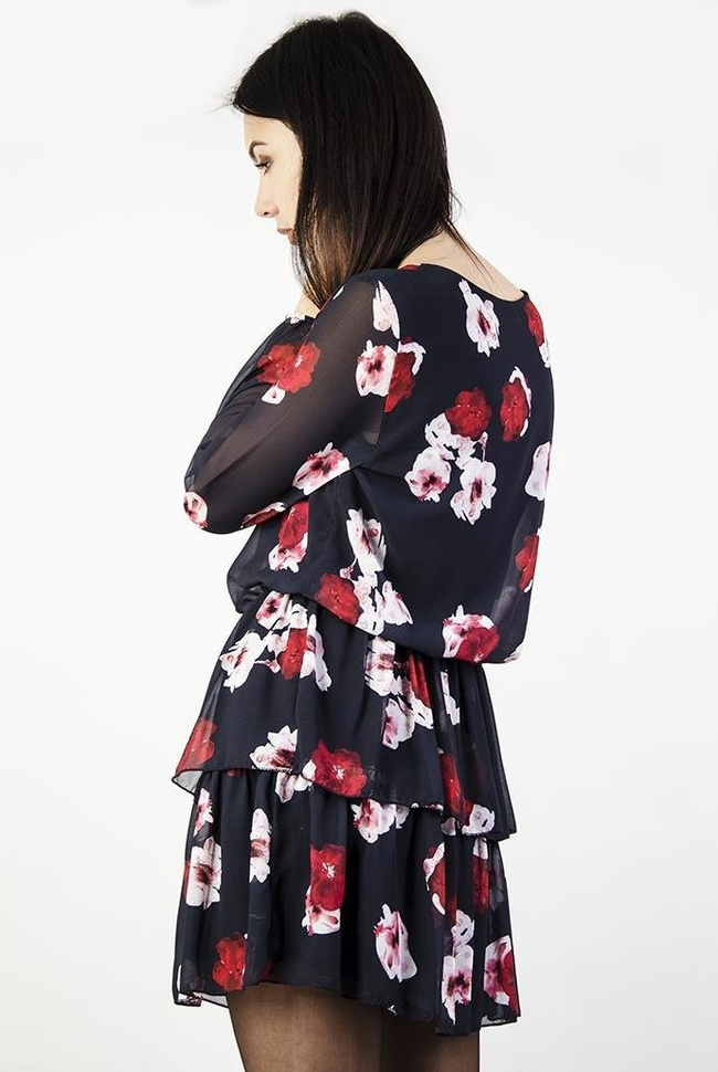 Granatowa sukienka w biało-czerwone kwiaty