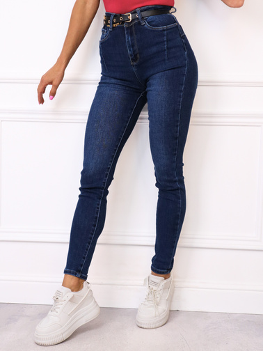 SPODNIE JEANSOWE SKINNY Z PRZESZYCIAMI PRZY KIESZENI + PASEK - GRANATOWE