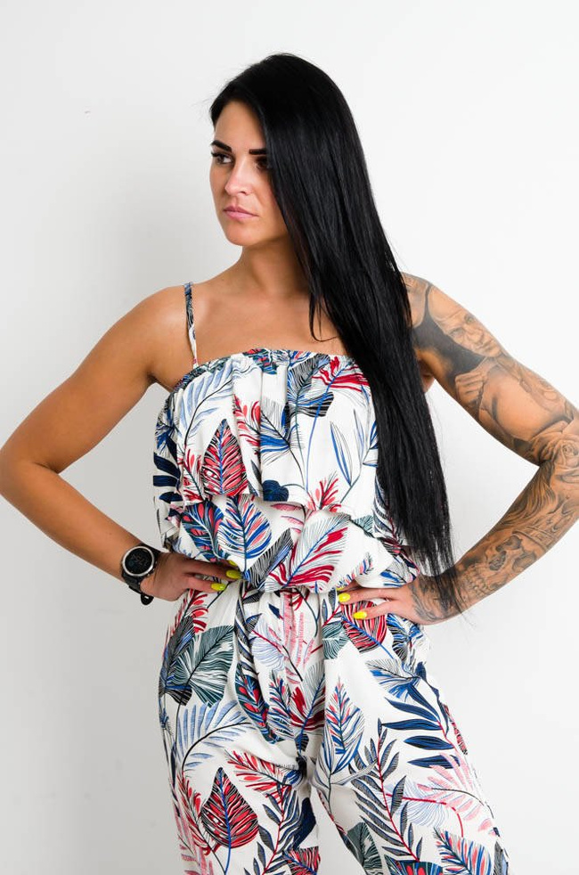 BIAŁY KOMBINEZON W KWIATY Z HISZPAŃSKIM DEKOLTEM