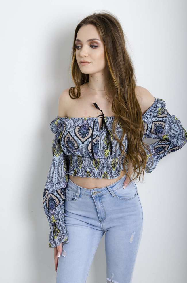 BLUZKA HISZPANKA NIEBIESKA Z WIĄZANIEM