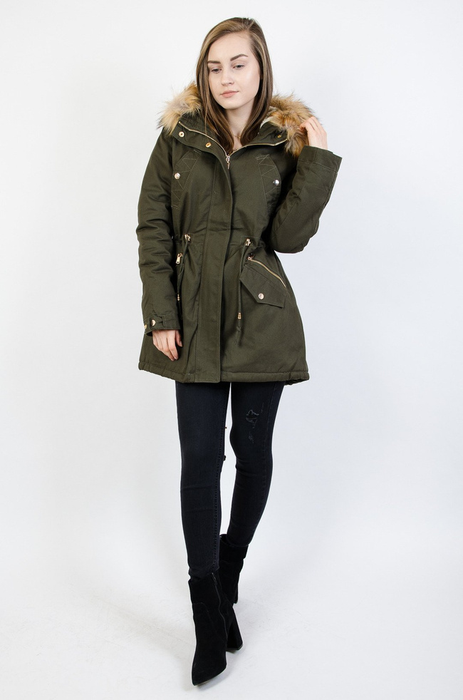 Zielona asymetryczna kurtka ze ściągaczem w pasie