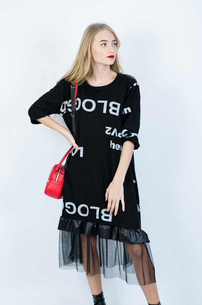 CZARNA DZIANINOWA SUKIENKA Z TIULOWYM DOŁEM