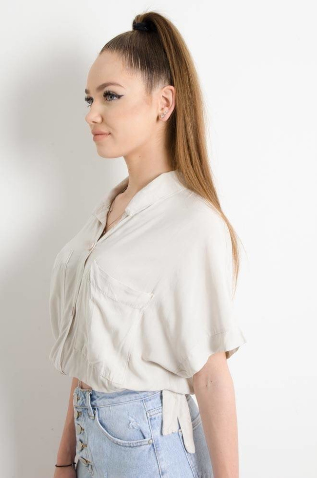 KOSZULA WIĄZANA Z KIESZENIAMI - BEŻOWA