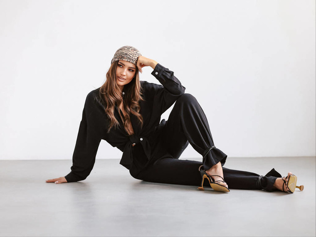 LNIANY KOMPLET KOSZULA+ SPODNIE- CZARNY