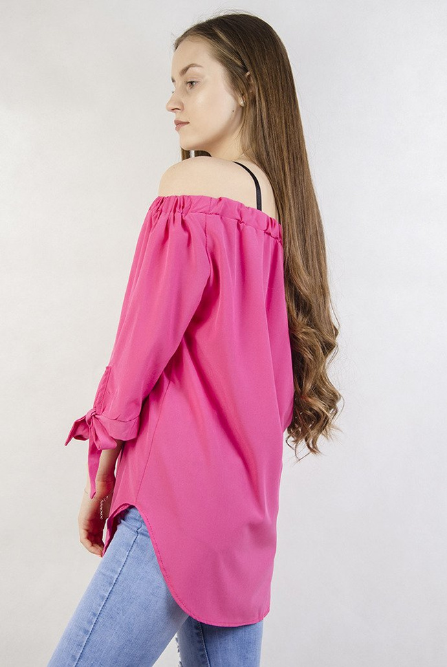 Ciemnorózowa bluzka hiszpanka z koralikami