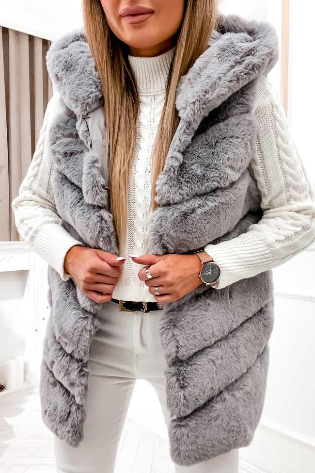 SZARA FUTRZANA KAMIZELKA Z KAPTUREM