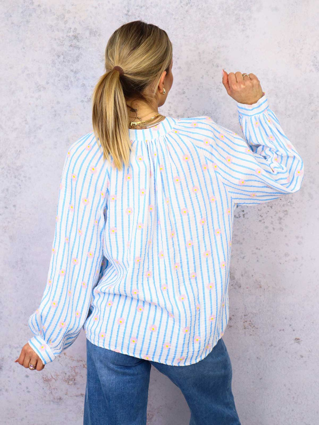 BLUZKA KOSZULOWA W PASKI I KWIATKI- NIEBIESKA