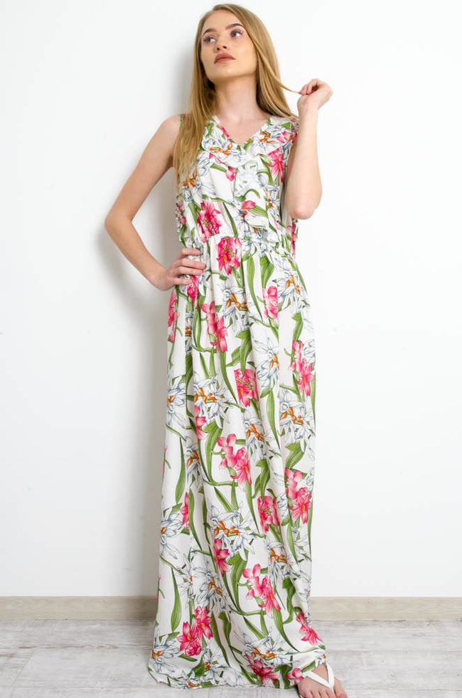 BIAŁA SUKIENKA MAXI W KWIATY Z FALBANKĄ W DEKOLCIE