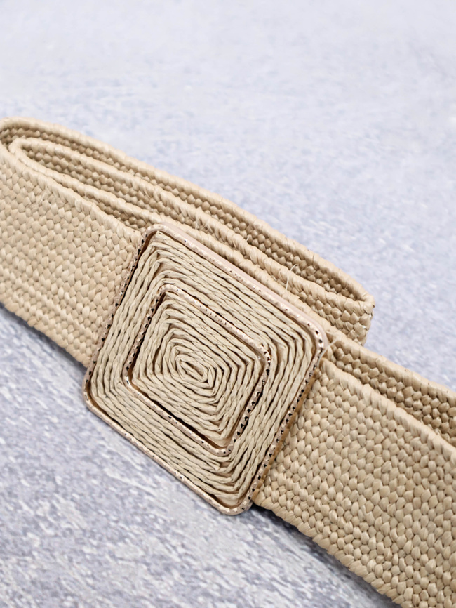 PASEK SŁOMIANY Z KWADRATOWĄ KLAMRĄ- BEŻOWY