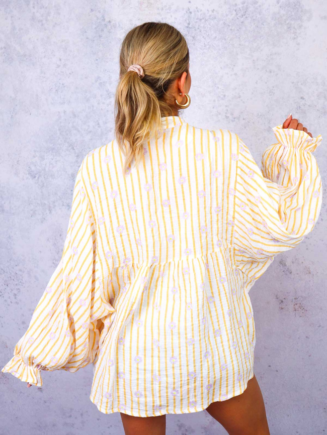 BLUZKA KOSZULOWA OVERSIZE W PASKI I KWIATY- POMARAŃCZOWA